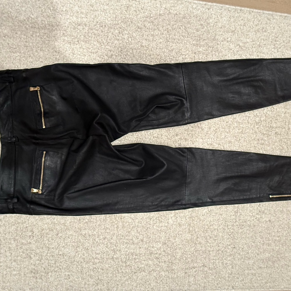 Escada Black Leather Pants with Gold Accents
